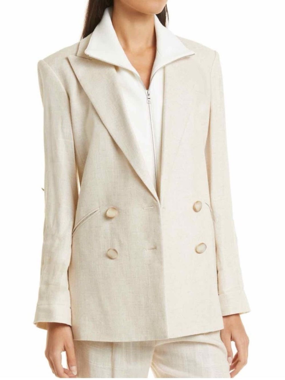 Veronica Beard Parineti Double Breasted Dickey Blazer Silver Cream Linen size 4